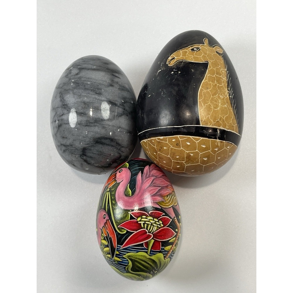 Hand Carved Eggs Marble Alabaster & Painted Real Egg Shell  2.5"-3" Lot 3 Signed